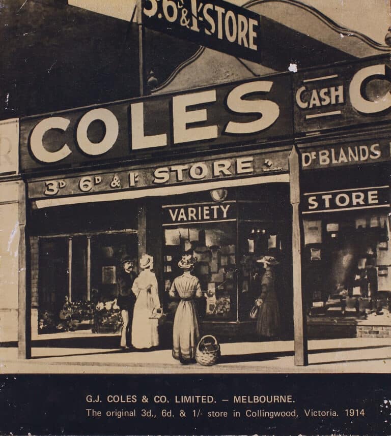 GJ. COLES & CO, LIMITED. — MELBOURNE.
The original 3d., 6d. & 1/- store in Collingwood, Victoria. 1914