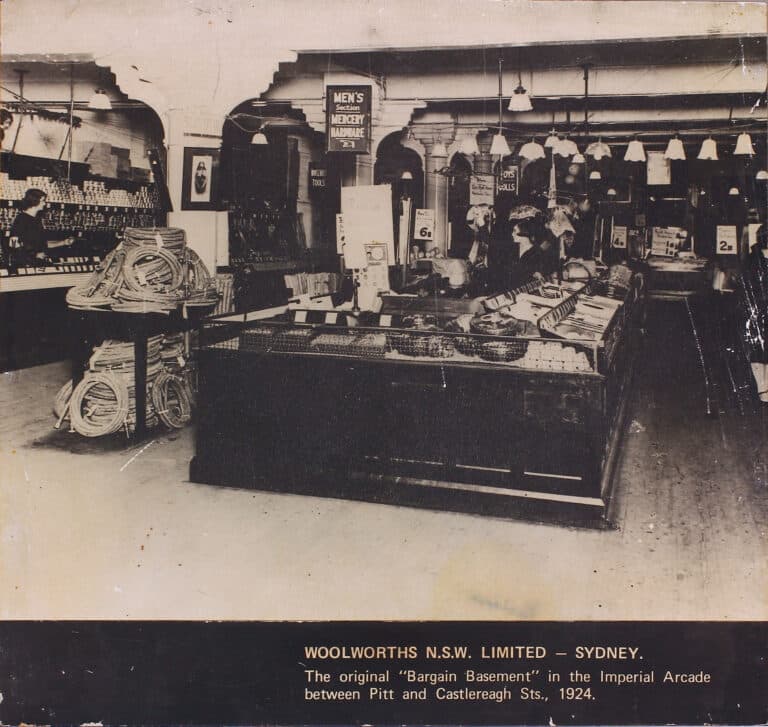 WOOLWORTHS N.S.W. LIMITED — SYDNEY.

The original “Bargain Basement” in the Imperial Arcade
between Pitt and Castlereagh Sts., 1924.